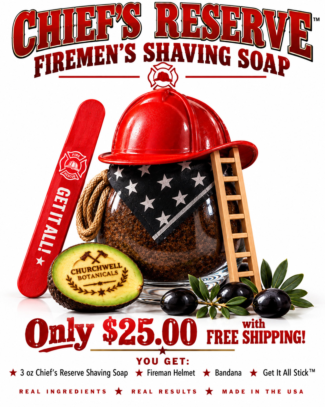 Chief's Reserve firefighter shaving soap gift set showing the 3 oz shaving soap, firefighter helmet, patriotic bandana and Get It All Stick, priced at $25 with free shipping