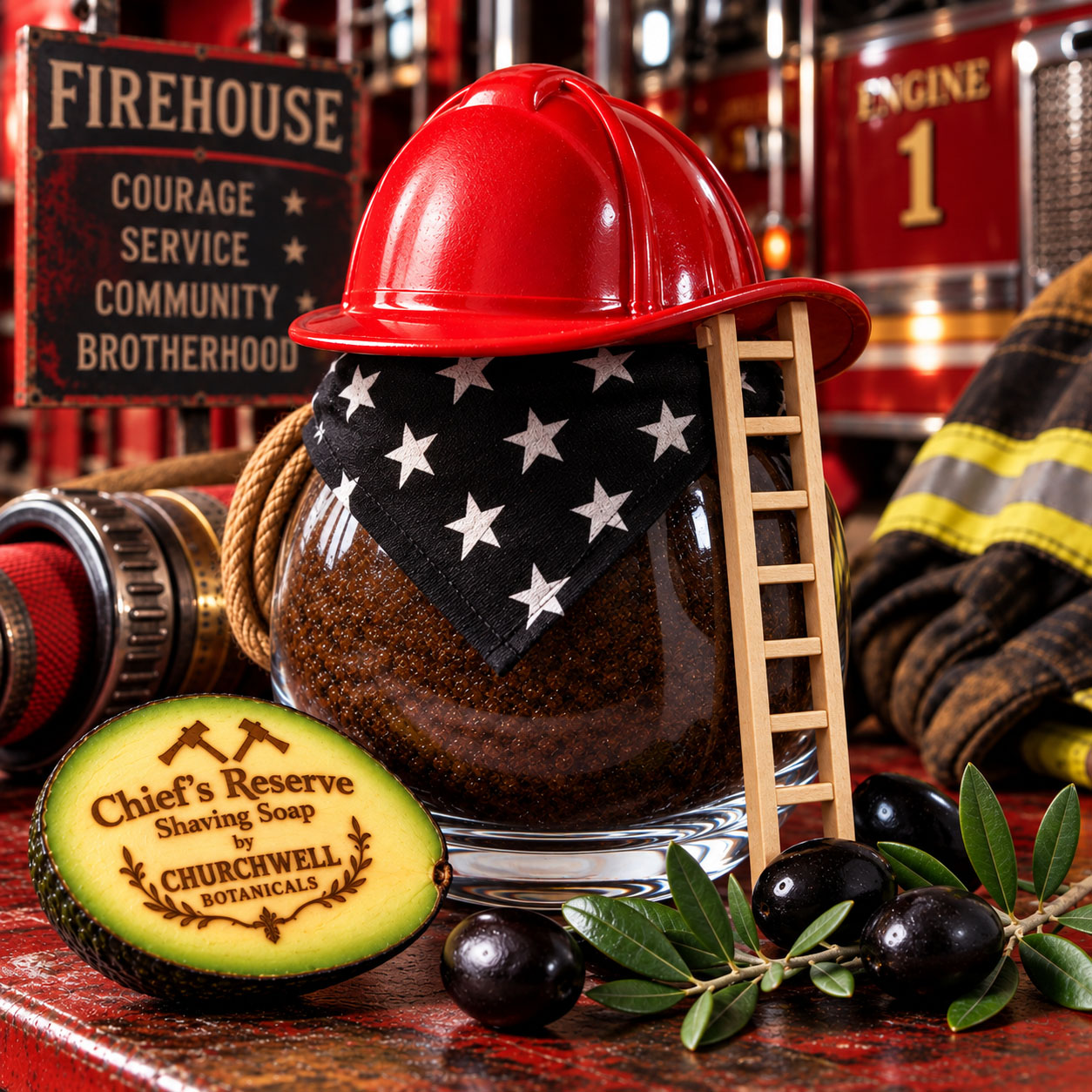 Chief's Reserve firefighter shaving soap gift set with red fire helmet, patriotic bandana and Get It All Stick
