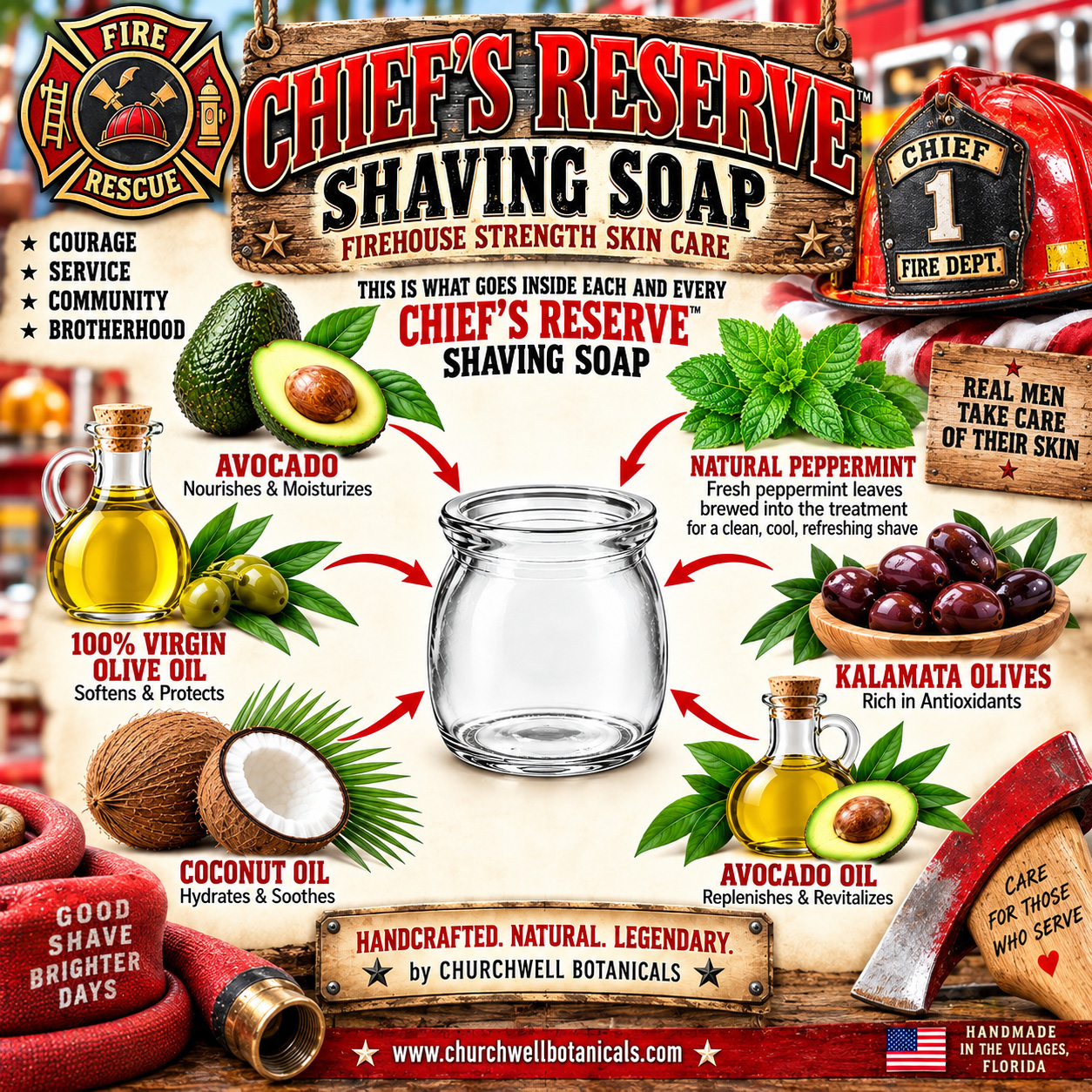 Chief's Reserve shaving soap ingredients including olive oil, avocado oil, avocado, Kalamata olives, coconut oil and fresh peppermint