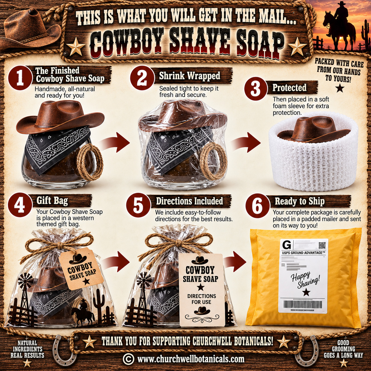 Cowboy Shave Soap packaging showing shrink wrapping, protective foam, western gift bag, directions and padded shipping mailer