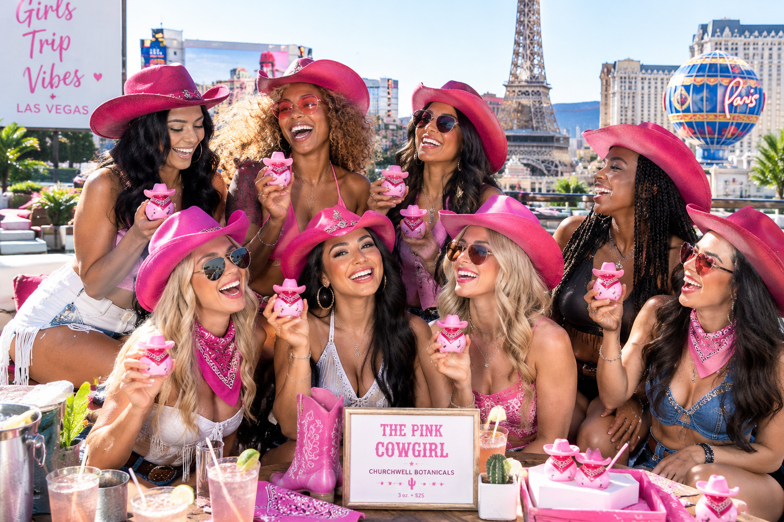 Women celebrating a girls' trip in Las Vegas with The Pink Cowgirl
