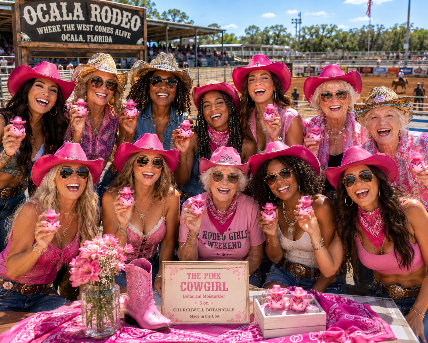 Women celebrating at an Ocala rodeo with The Pink Cowgirl Botanical Moisturizer