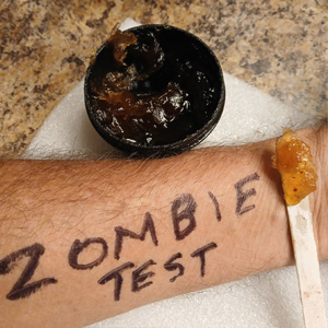 Zombie Resurrection Cream applied during makeup removal test