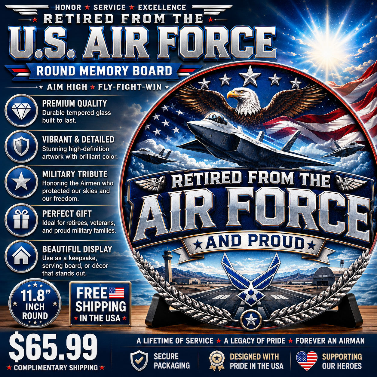 Retired From The U.S. Air Force and Proud Round Military Memory Board