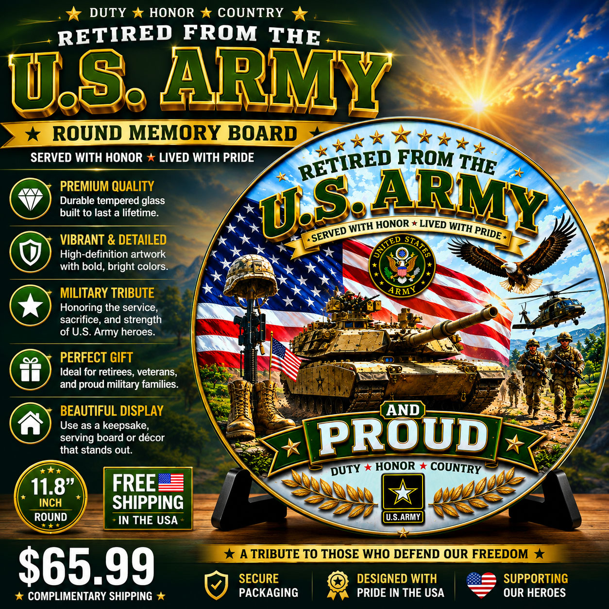 Retired From The U.S. Army and Proud Round Military Memory Board