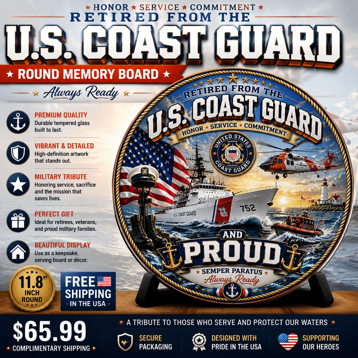 Retired From The U.S. Coast Guard and Proud Round Military Memory Board