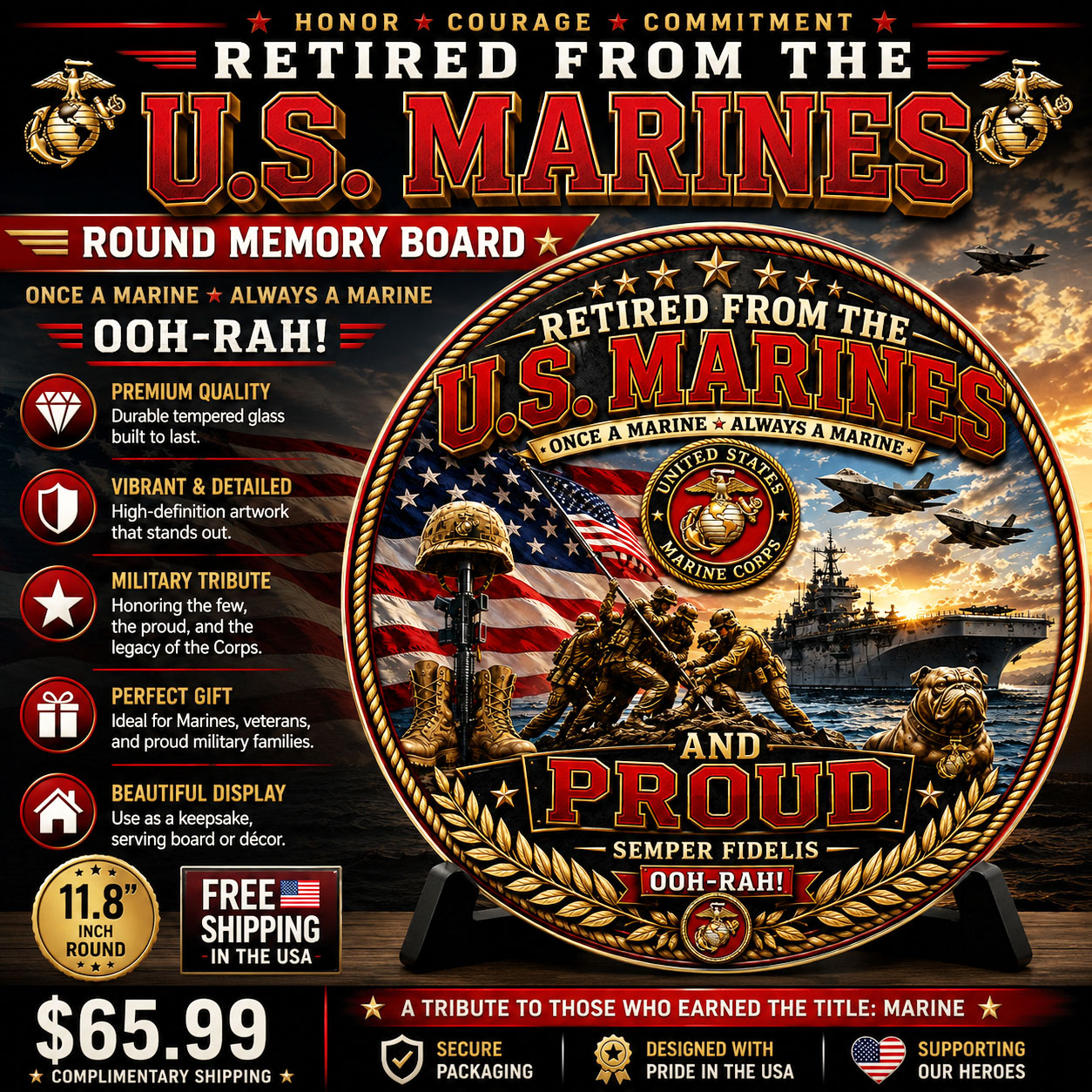 Retired From The U.S. Marines and Proud Round Military Memory Board