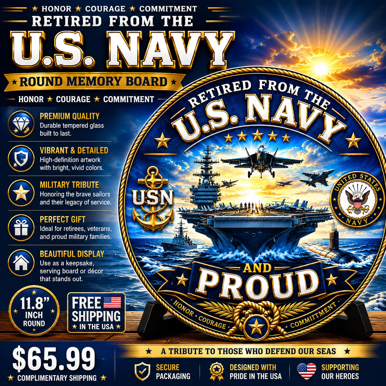 Retired From The U.S. Navy and Proud Round Military Memory Board