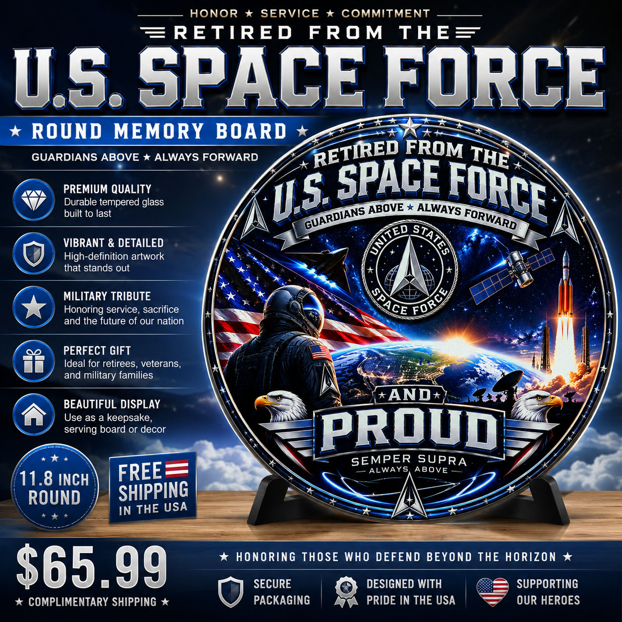 Retired From The U.S. Space Force and Proud Round Military Memory Board