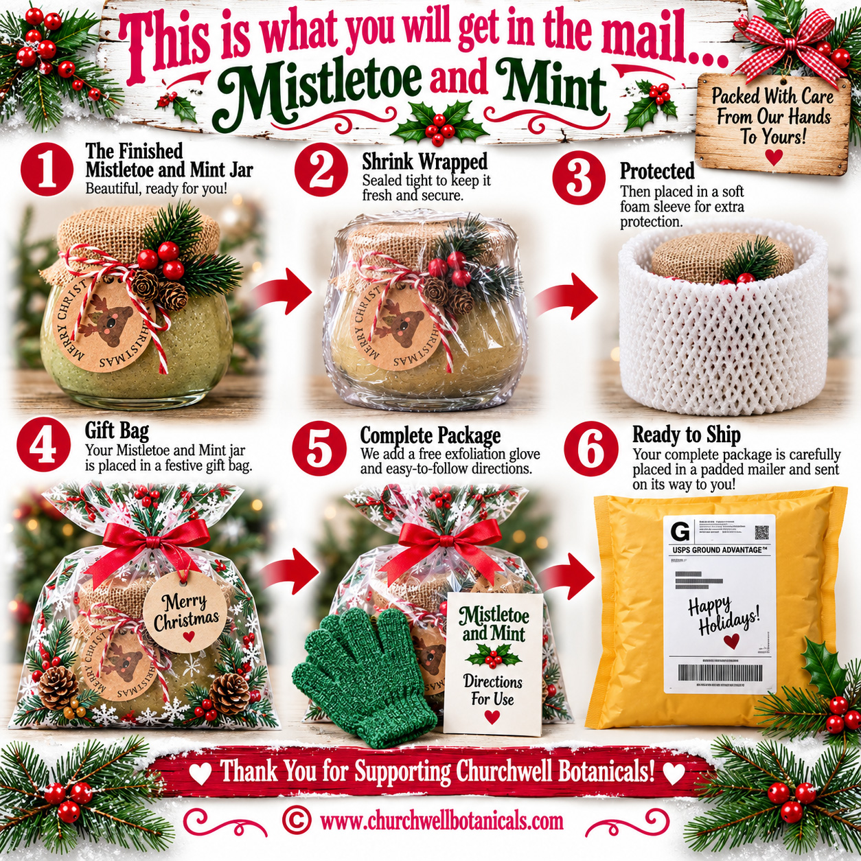 Mistletoe and Mint Christmas package from Churchwell Botanicals showing gift bag, exfoliation glove, directions and protected shipping package