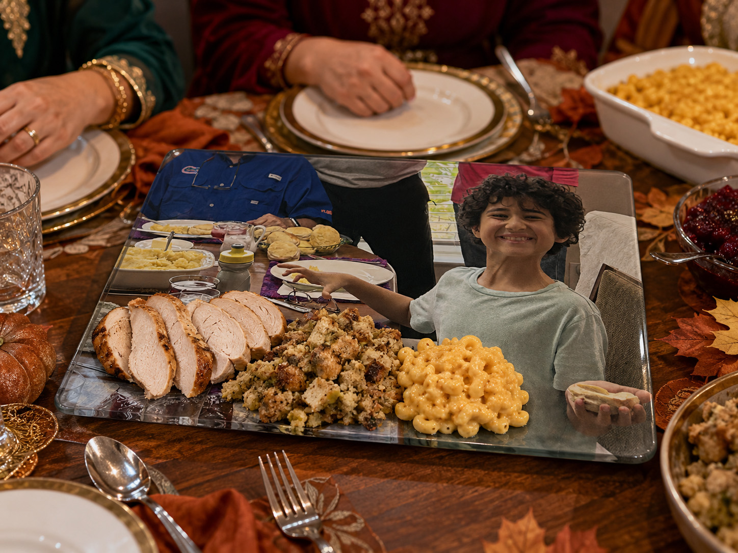 Personalized Thanksgiving tempered glass platter being used at a family dinner