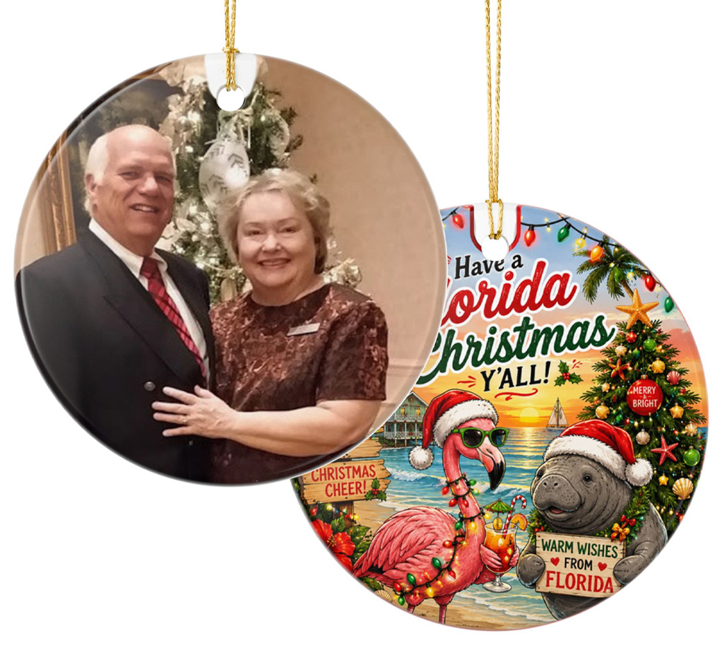 Personalized two-sided Christmas ornament showing a family photo and Florida Christmas design