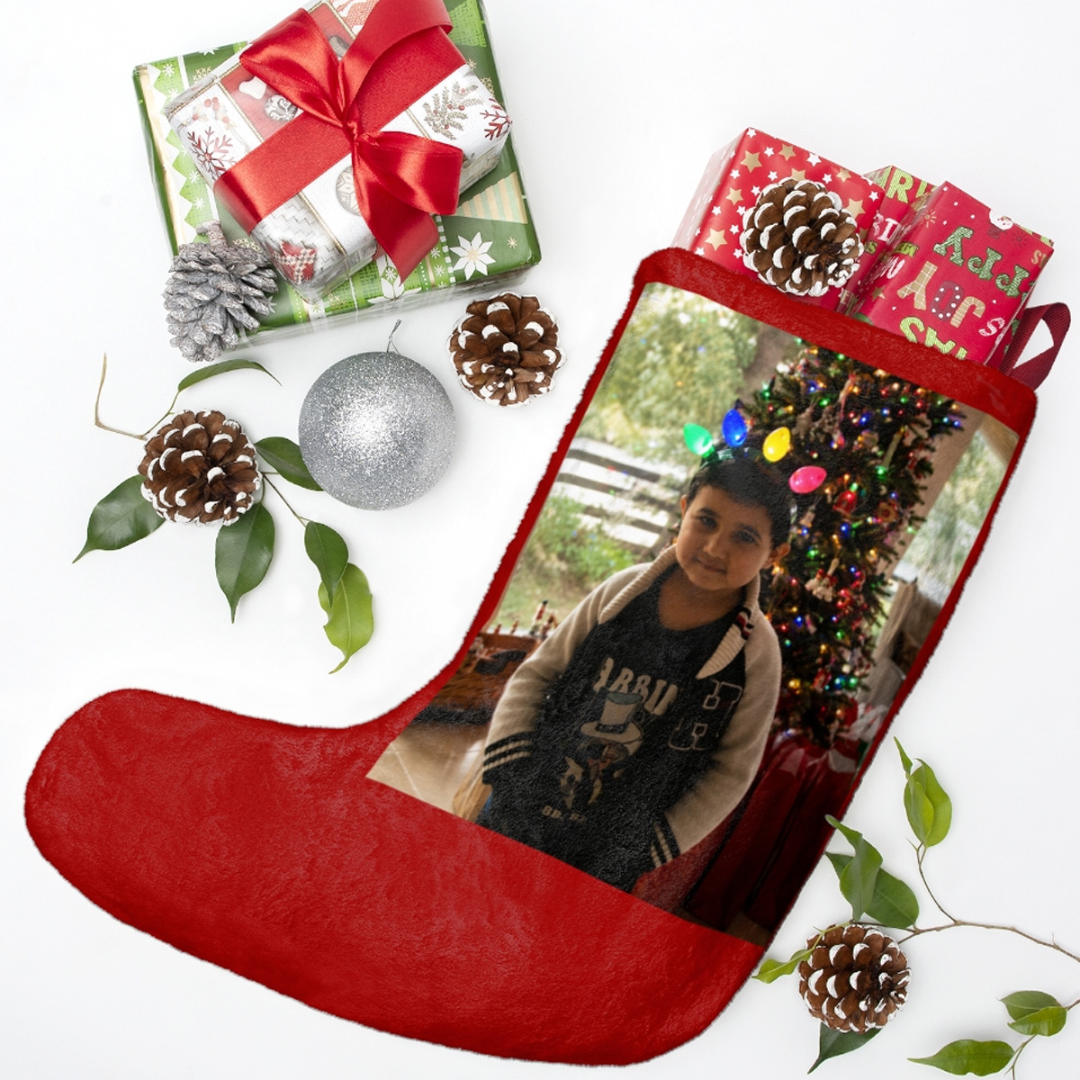 Personalized Christmas stocking created from a family photo