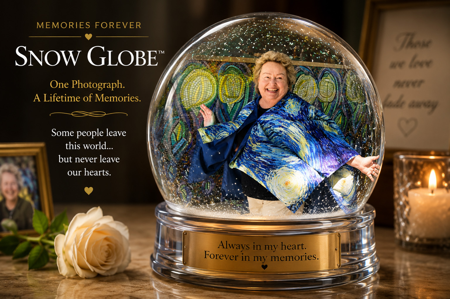 Example of a personalized Memories Forever Snow Globe displayed as a keepsake
