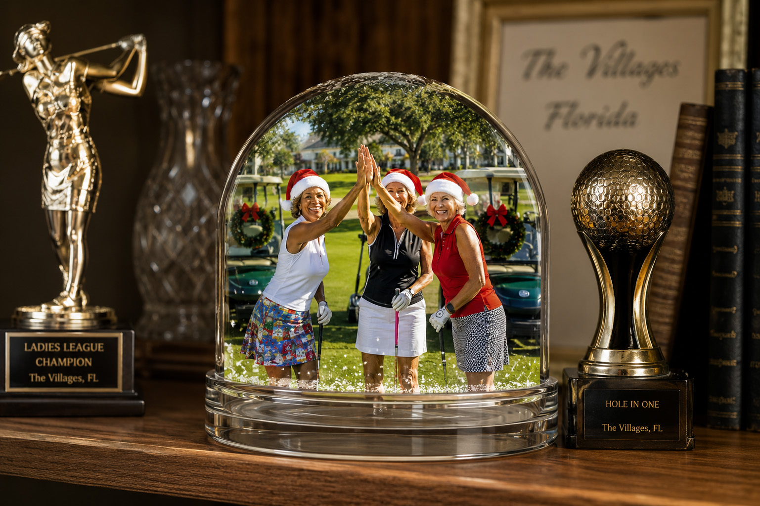 Personalized Christmas golf snow globe featuring three women in The Villages Florida