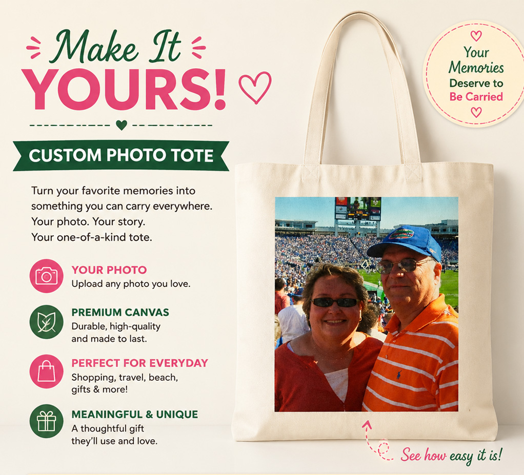Custom photo canvas tote bag showing personalized family memories