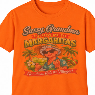 Sassy Grandma Margaritas graphic on a bright orange shirt, illustrating how a competing background color can reduce visibility