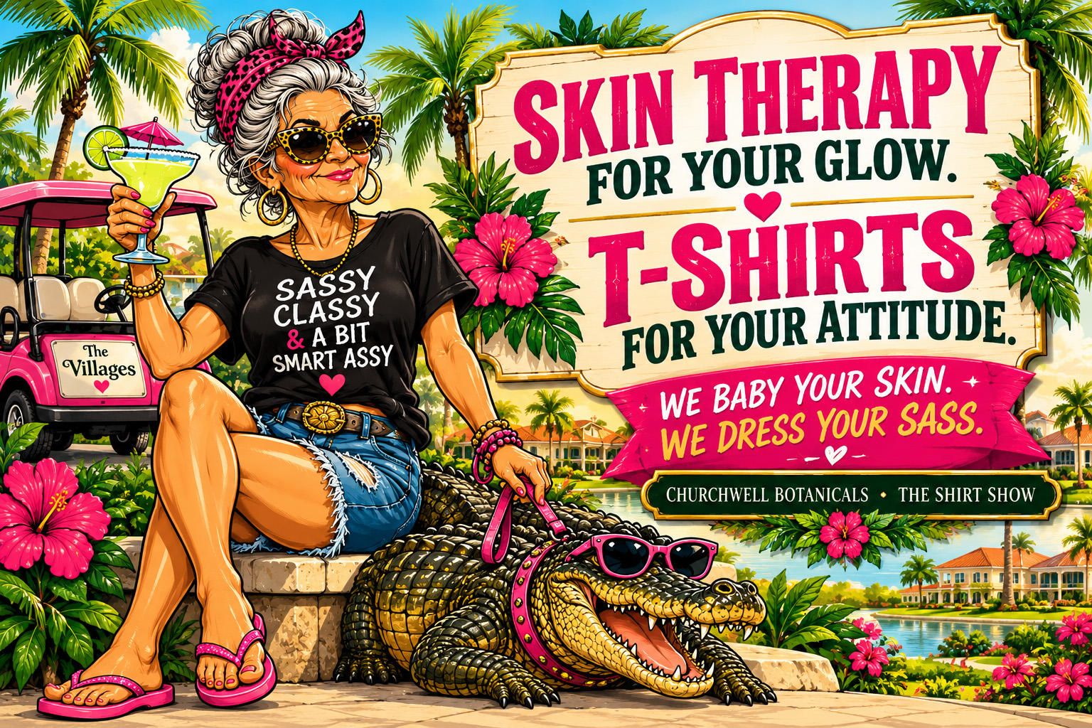 Sassy Florida woman and her alligator celebrating skin therapy and statement T-shirts