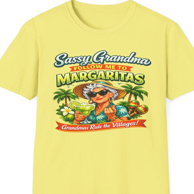 Sassy Grandma Margaritas graphic on a pale yellow shirt, showing clear contrast and vivid artwork