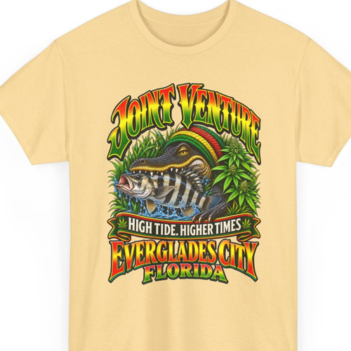 Joint Venture fishing shirt featuring an alligator, a fish, and Everglades City Florida artwork