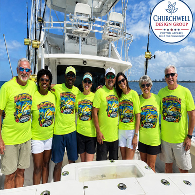 Margaritaville Fishing Team wearing matching bright lime green fishing shirts on a boat