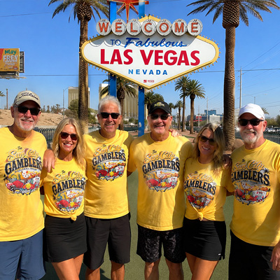 Sun City Gamblers wearing coordinated yellow team shirts in Las Vegas