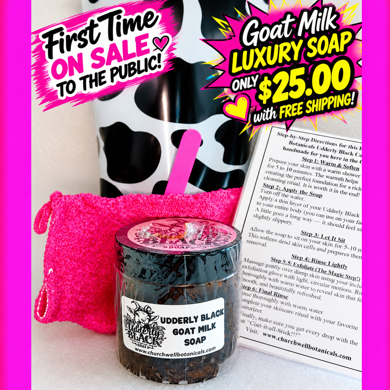 Udderly Black Goat Milk Luxury Soap with exfoliation glove, directions and collector's bag