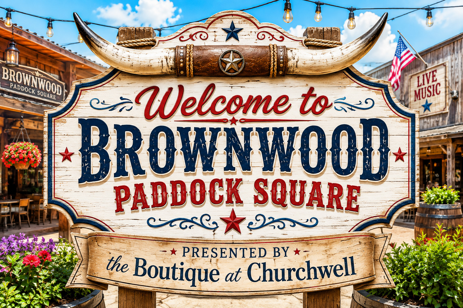 Brownwood Paddock Square welcome sign presented by the Boutique at Churchwell