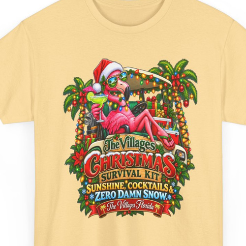 The Villages Christmas Survival Kit shirt featuring a festive pink flamingo, sunshine, cocktails and zero damn snow